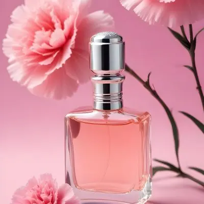 A Perfume Bottle With A Silver Cap And Pink Liquid Next To A Pink Carnation Flower On A Pink Background 16 8c8f