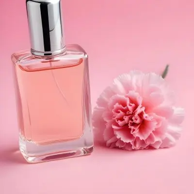 A Perfume Bottle With A Silver Cap And Pink Liquid Next To A Pink Carnation Flower On A Pink Background 21 484e