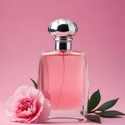 A Perfume Bottle With A Silver Cap And Pink Liquid Next To A Pink Carnation Flower On A Pink Background 24 F607