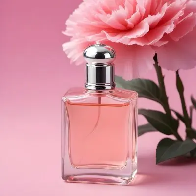 A Perfume Bottle With A Silver Cap And Pink Liquid Next To A Pink Carnation Flower On A Pink Background 26 1a3c