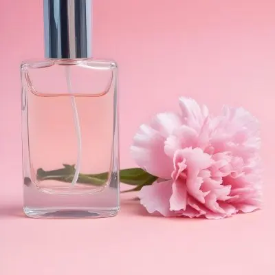 A Perfume Bottle With A Silver Cap And Pink Liquid Next To A Pink Carnation Flower On A Pink Background 34 Fca1