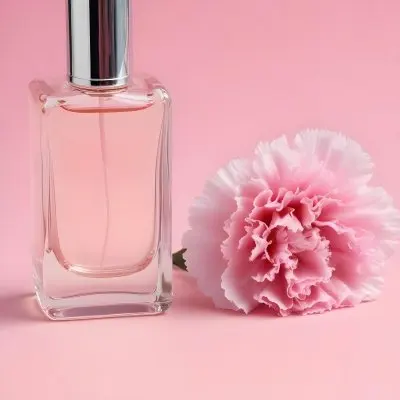 A Perfume Bottle With A Silver Cap And Pink Liquid Next To A Pink Carnation Flower On A Pink Background 4 4b55