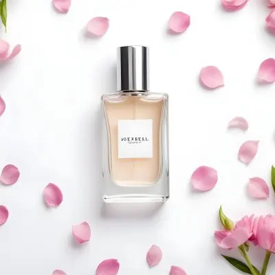 A Perfume Bottle With A Silver Cap Surrounded By Pink Flower Petals On A White Background Flat Lay Studio Shot Clean And Simple 18 1f75