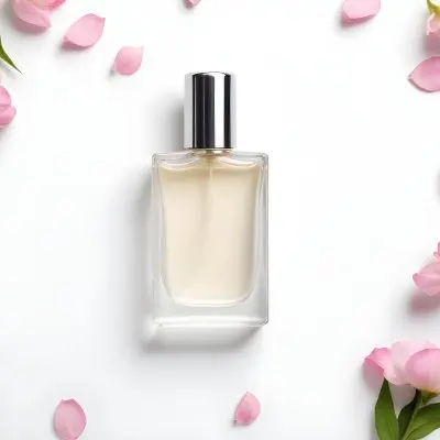 A Perfume Bottle With A Silver Cap Surrounded By Pink Flower Petals On A White Background Flat Lay Studio Shot Clean And Simple 39 A382