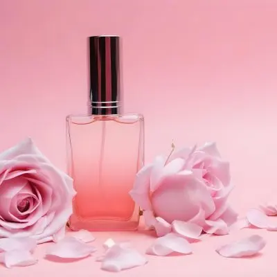 A Perfume Bottle With A Silver Cap Surrounded By Pink Roses And Petals On A Pink Background 1 8eee