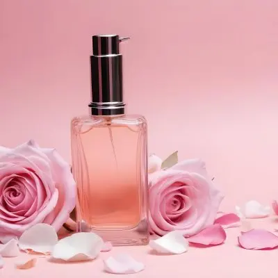 A Perfume Bottle With A Silver Cap Surrounded By Pink Roses And Petals On A Pink Background 25 0b05