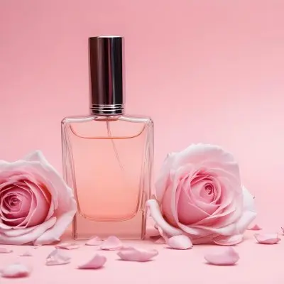 A Perfume Bottle With A Silver Cap Surrounded By Pink Roses And Petals On A Pink Background 26 32b9
