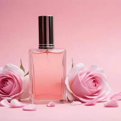 A Perfume Bottle With A Silver Cap Surrounded By Pink Roses And Petals On A Pink Background 28 D207