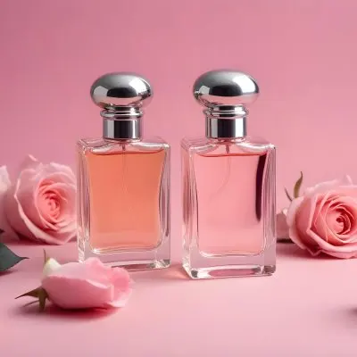 A Perfume Bottle With A Silver Cap Surrounded By Pink Roses And Petals On A Pink Background 42 0f54
