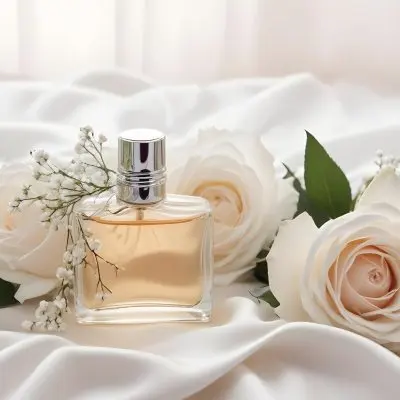 A Perfume Bottle With A Silver Cap Surrounded By Two White Roses And White Baby S Breath Flowers On A Silky White Fabric 13 D159