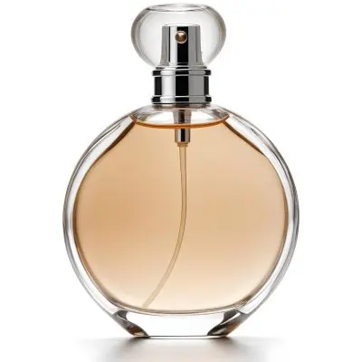 A Perfume Bottle With A Transparent Cap And A Silver Atomizer Filled With A Light Brown Liquid Isolated On A White Background 11 E633