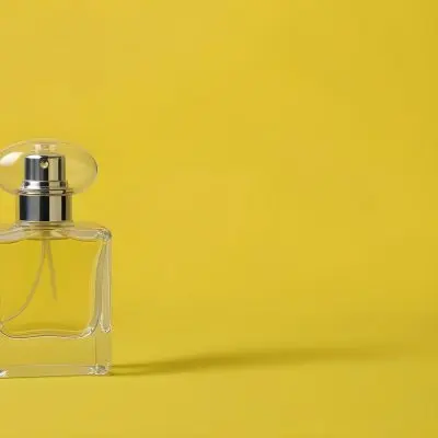 A Perfume Bottle With A Transparent Cap And A Transparent Atomizer On A Yellow Background 36 4c8c
