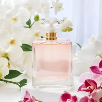 A Perfume Bottle With A Transparent Cap Surrounded By White And Pink Orchids On A White Fluffy Surface Soft Lighting Elegant Presentation Product Photography 12 1cba