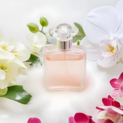 A Perfume Bottle With A Transparent Cap Surrounded By White And Pink Orchids On A White Fluffy Surface Soft Lighting Elegant Presentation Product Photography 19 F921