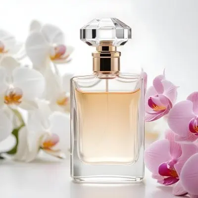 A Perfume Bottle With A Transparent Cap Surrounded By White And Pink Orchids On A White Fluffy Surface Soft Lighting Elegant Presentation Product Photography 2 5284