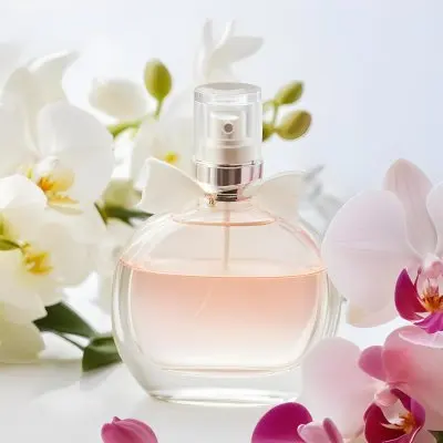 A Perfume Bottle With A Transparent Cap Surrounded By White And Pink Orchids On A White Fluffy Surface Soft Lighting Elegant Presentation Product Photography 31 5252