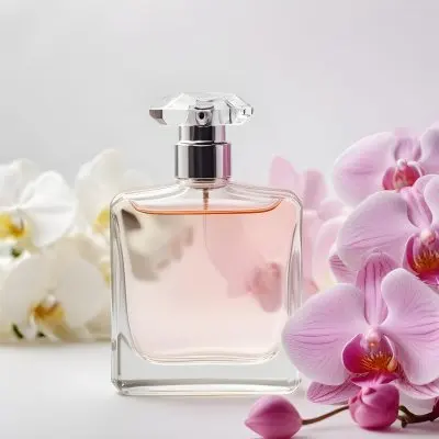 A Perfume Bottle With A Transparent Cap Surrounded By White And Pink Orchids On A White Fluffy Surface Soft Lighting Elegant Presentation Product Photography 40 37ba