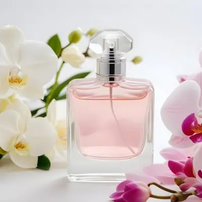 A Perfume Bottle With A Transparent Cap Surrounded By White And Pink Orchids On A White Fluffy Surface Soft Lighting Elegant Presentation Product Photography 51 A657