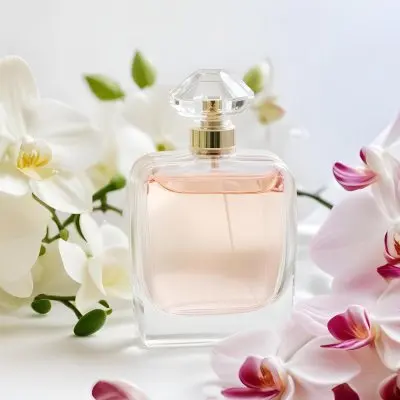 A Perfume Bottle With A Transparent Cap Surrounded By White And Pink Orchids On A White Fluffy Surface Soft Lighting Elegant Presentation Product Photography 6 546d