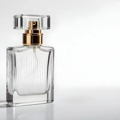 A Perfume Bottle With A Transparent Cap Transparent Glass With Vertical Stripes Half Full Of Transparent Liquid In A White Background 15 8cc2