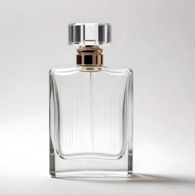 A Perfume Bottle With A Transparent Cap Transparent Glass With Vertical Stripes Half Full Of Transparent Liquid In A White Background 25 B60b