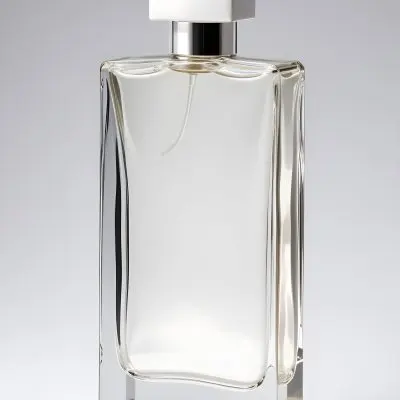 A Perfume Bottle With A White Cap On A White Background The Bottle Is Transparent And Rectangular The Liquid Inside Is White 45 C8ec