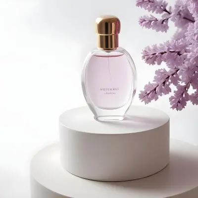 A Perfume Bottle With A White Cap On A White Round Pedestal Lilac Flowers In The Background Minimalist Style Soft Lighting Elegant Clean Fresh 12 B8a6