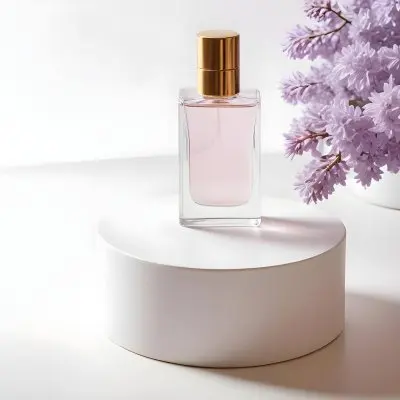 A Perfume Bottle With A White Cap On A White Round Pedestal Lilac Flowers In The Background Minimalist Style Soft Lighting Elegant Clean Fresh 22 A470