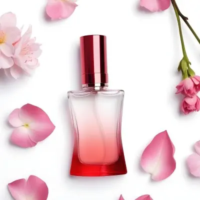 A Perfume Bottle With A White Cap Surrounded By Pink Flowers And Petals On A Red Background 13 A60d