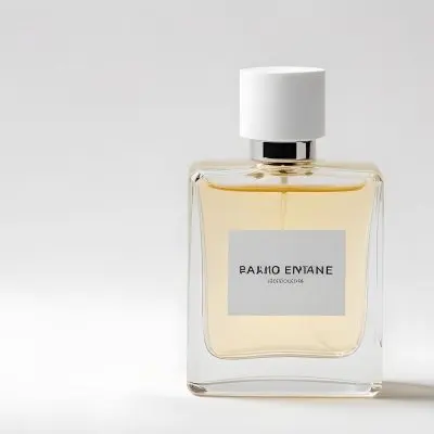 A Perfume Bottle With A White Label And A White Cap On A White Background 19 187f