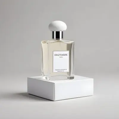 A Perfume Bottle With A White Label On Top Of A White Box Silver Cap Simple Studio Background 10 39f3