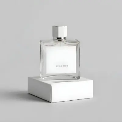 A Perfume Bottle With A White Label On Top Of A White Box Silver Cap Simple Studio Background 23 0043