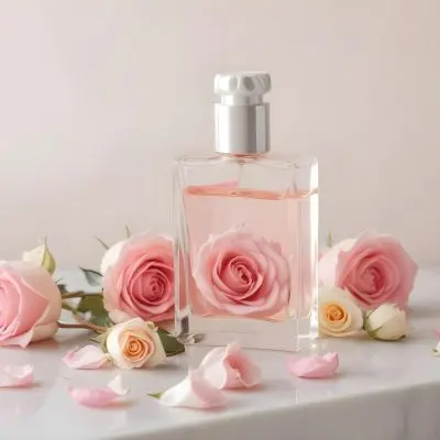 A Perfume Bottle With A White Rose Inside Some Roses And Petals Around It On A White Marble Table With A White Background 11 F644