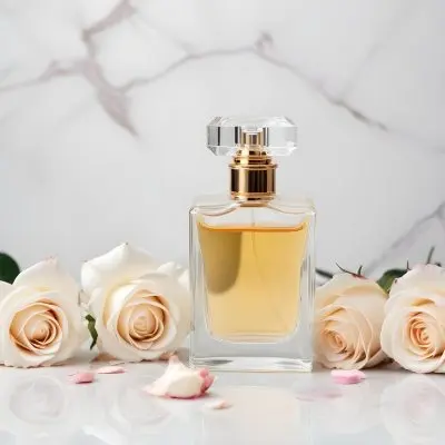 A Perfume Bottle With A White Rose Inside Some Roses And Petals Around It On A White Marble Table With A White Background 12 D052