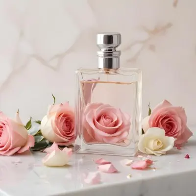 A Perfume Bottle With A White Rose Inside Some Roses And Petals Around It On A White Marble Table With A White Background 13 5346