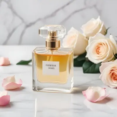 A Perfume Bottle With A White Rose Inside Some Roses And Petals Around It On A White Marble Table With A White Background 16 1b98