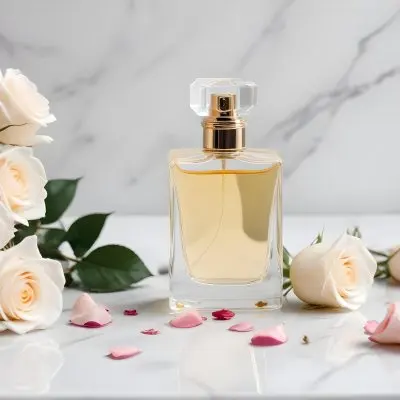 A Perfume Bottle With A White Rose Inside Some Roses And Petals Around It On A White Marble Table With A White Background 18 7ef3