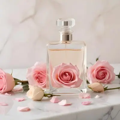A Perfume Bottle With A White Rose Inside Some Roses And Petals Around It On A White Marble Table With A White Background 20 Dd6a