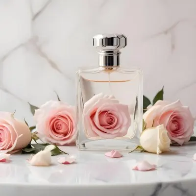 A Perfume Bottle With A White Rose Inside Some Roses And Petals Around It On A White Marble Table With A White Background 21 8c4a