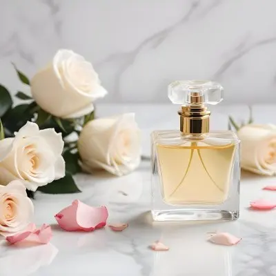 A Perfume Bottle With A White Rose Inside Some Roses And Petals Around It On A White Marble Table With A White Background 25 380a