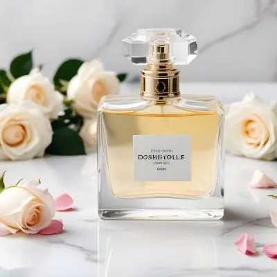 A Perfume Bottle With A White Rose Inside Some Roses And Petals Around It On A White Marble Table With A White Background 26 5617