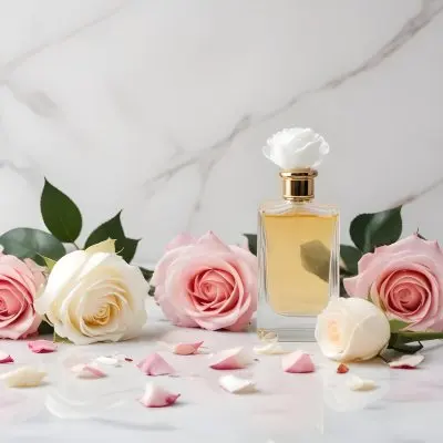 A Perfume Bottle With A White Rose Inside Some Roses And Petals Around It On A White Marble Table With A White Background 27 70dc