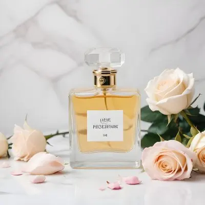 A Perfume Bottle With A White Rose Inside Some Roses And Petals Around It On A White Marble Table With A White Background 30 Fec8