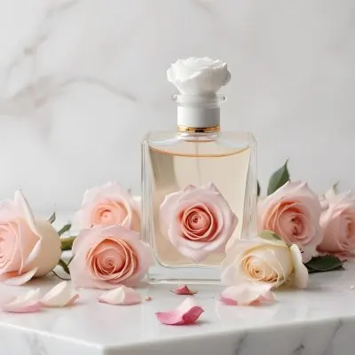 A Perfume Bottle With A White Rose Inside Some Roses And Petals Around It On A White Marble Table With A White Background 33 Ebc2