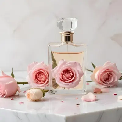 A Perfume Bottle With A White Rose Inside Some Roses And Petals Around It On A White Marble Table With A White Background 37 60f4
