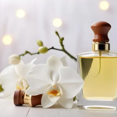 A Perfume Bottle With A Wooden Cap And A White Orchid On A White Wooden Surface With Bokeh Lights In The Background 1 450c