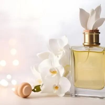 A Perfume Bottle With A Wooden Cap And A White Orchid On A White Wooden Surface With Bokeh Lights In The Background 19 9d2c