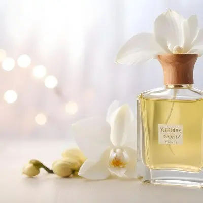 A Perfume Bottle With A Wooden Cap And A White Orchid On A White Wooden Surface With Bokeh Lights In The Background 20 A722