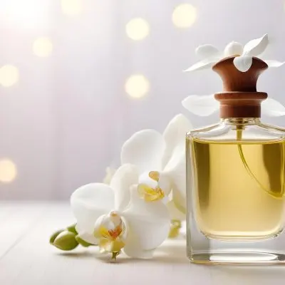 A Perfume Bottle With A Wooden Cap And A White Orchid On A White Wooden Surface With Bokeh Lights In The Background 24 00e3