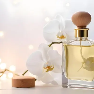 A Perfume Bottle With A Wooden Cap And A White Orchid On A White Wooden Surface With Bokeh Lights In The Background 26 7570